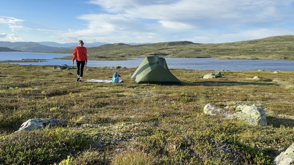 Zielony namiot rozbity na dziko nad jeziorem na płaskowyżu Hardangervidda w Norwegii